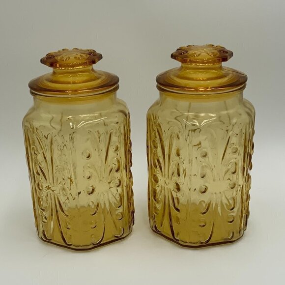 Vintage L.E. Smith Honey Amber Large Canister Set Atterbury Scroll - Picture 1 of 6